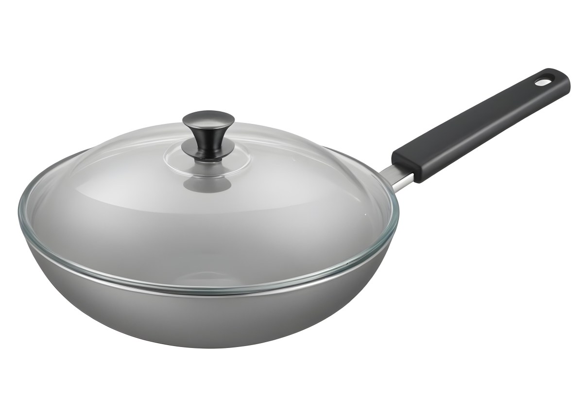 Black Wok With A Glass Lid And A Black Handle Isolated On A Gray Background 21 368f