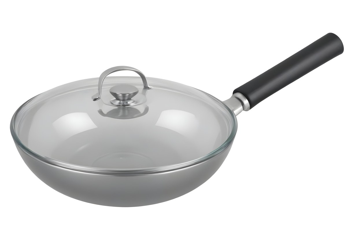 Black Wok With A Glass Lid And A Black Handle Isolated On A Gray Background 22 Ce5e