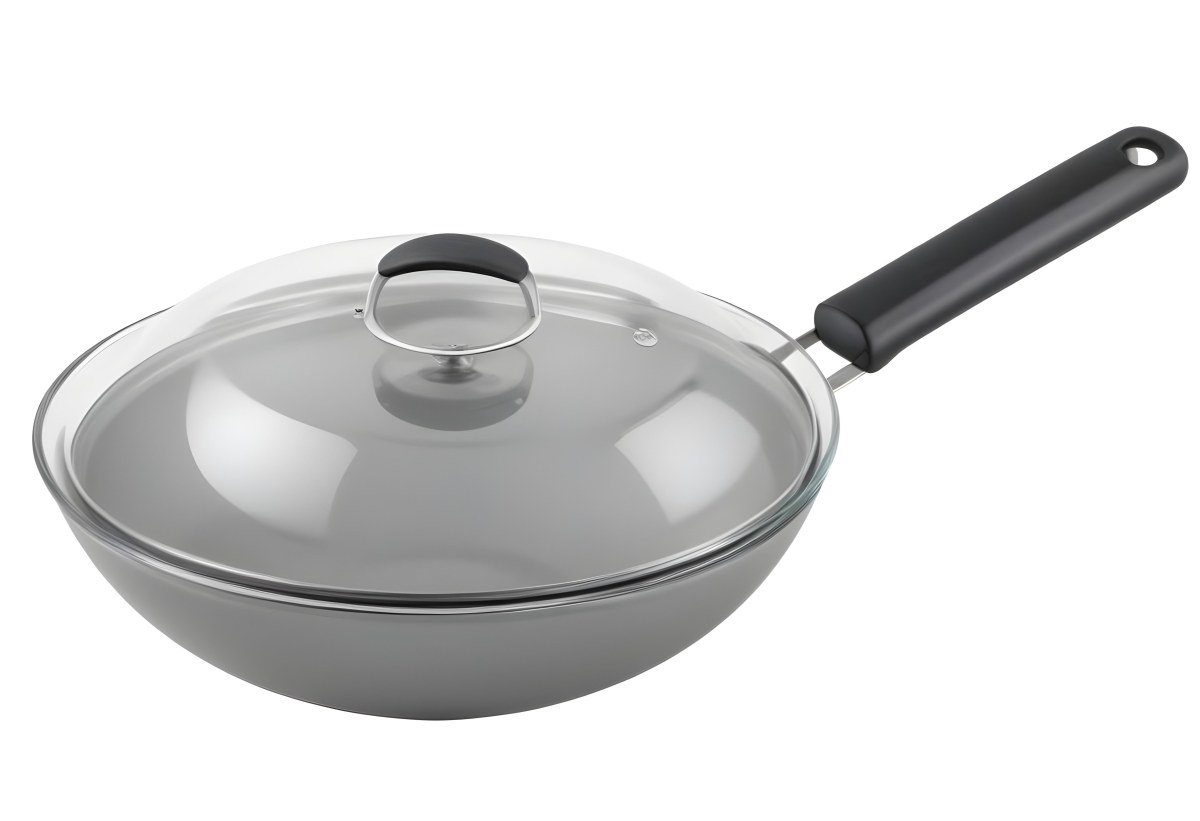 Black Wok With A Glass Lid And A Black Handle Isolated On A Gray Background 23 5787