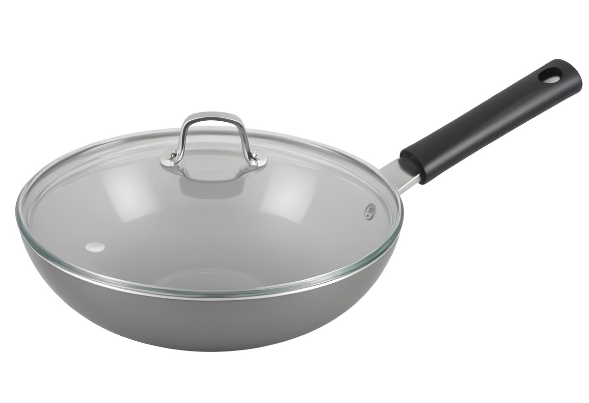 Black Wok With A Glass Lid And A Black Handle Isolated On A Gray Background 24 7dc2