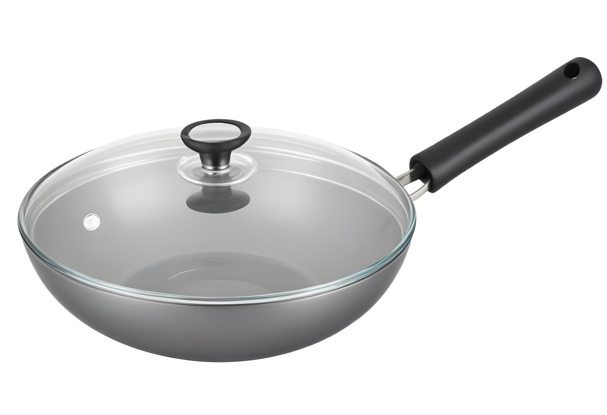 Black Wok With A Glass Lid And A Black Handle Isolated On A Gray Background 25 B065