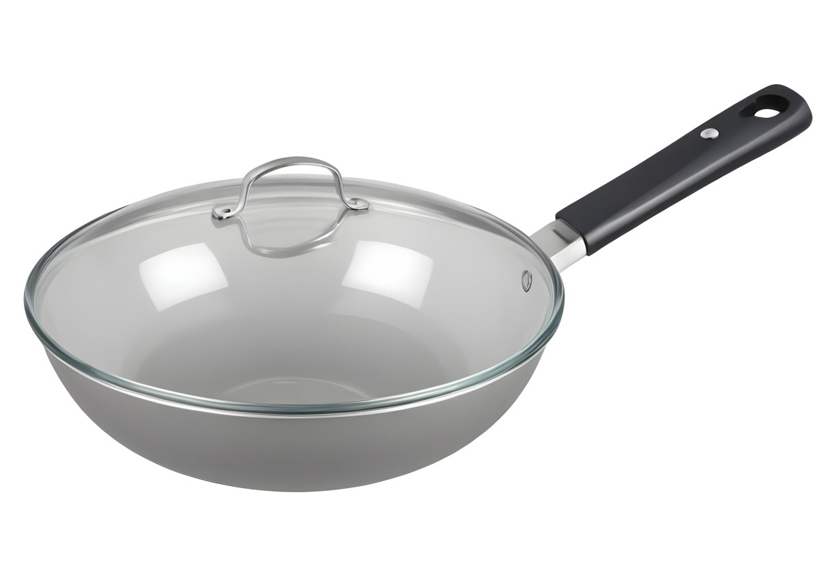 Black Wok With A Glass Lid And A Black Handle Isolated On A Gray Background 26 A47b