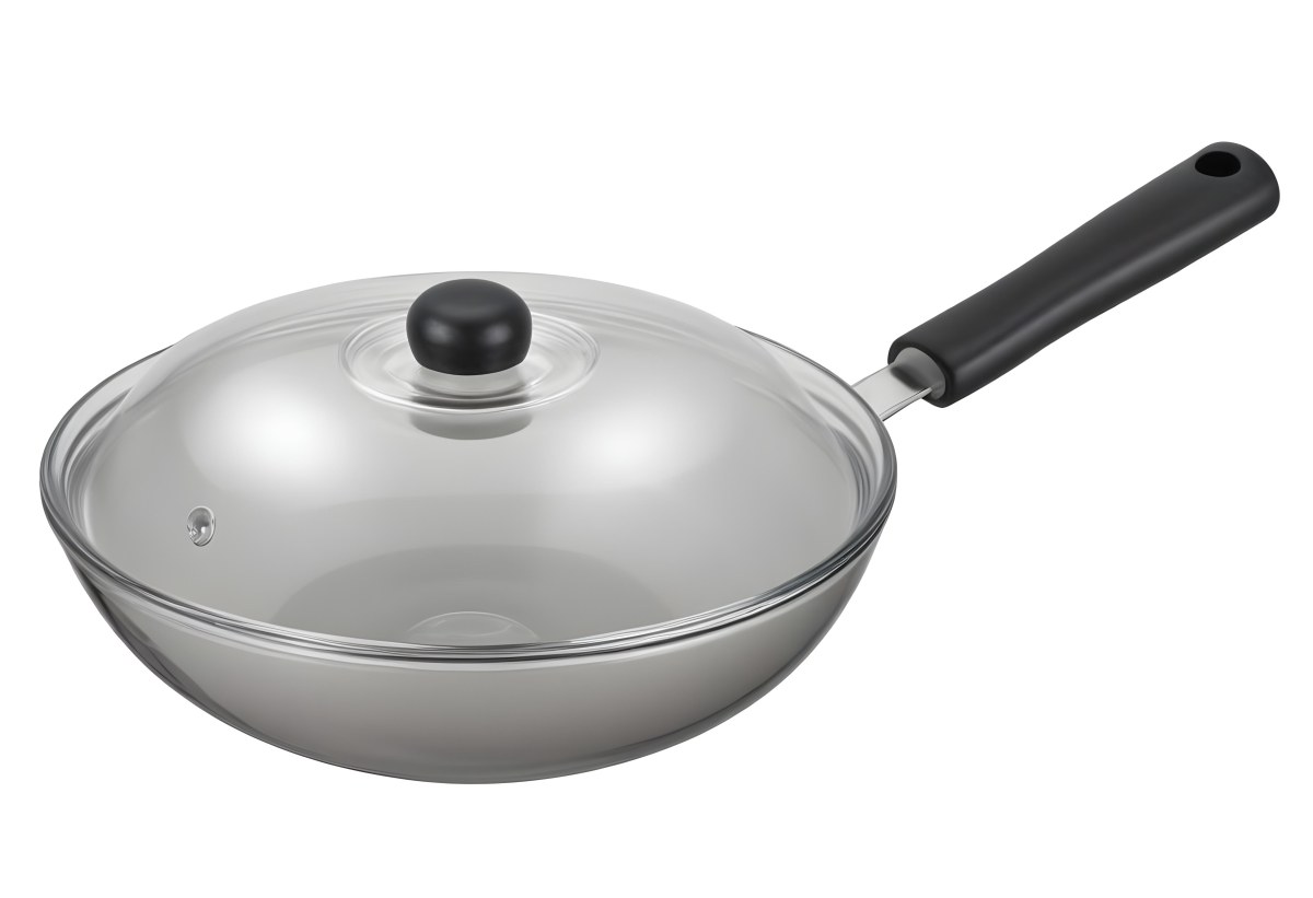 Black Wok With A Glass Lid And A Black Handle Isolated On A Gray Background 27 B5e6