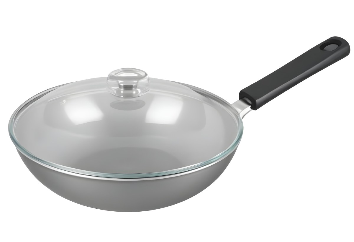 Black Wok With A Glass Lid And A Black Handle Isolated On A Gray Background 3 86ae