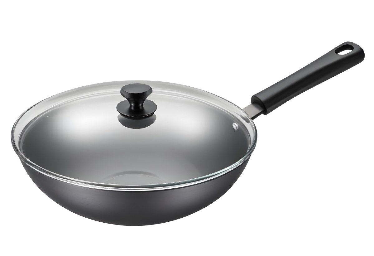 Black Wok With A Glass Lid And A Black Handle Isolated On A Gray Background 4 F88b