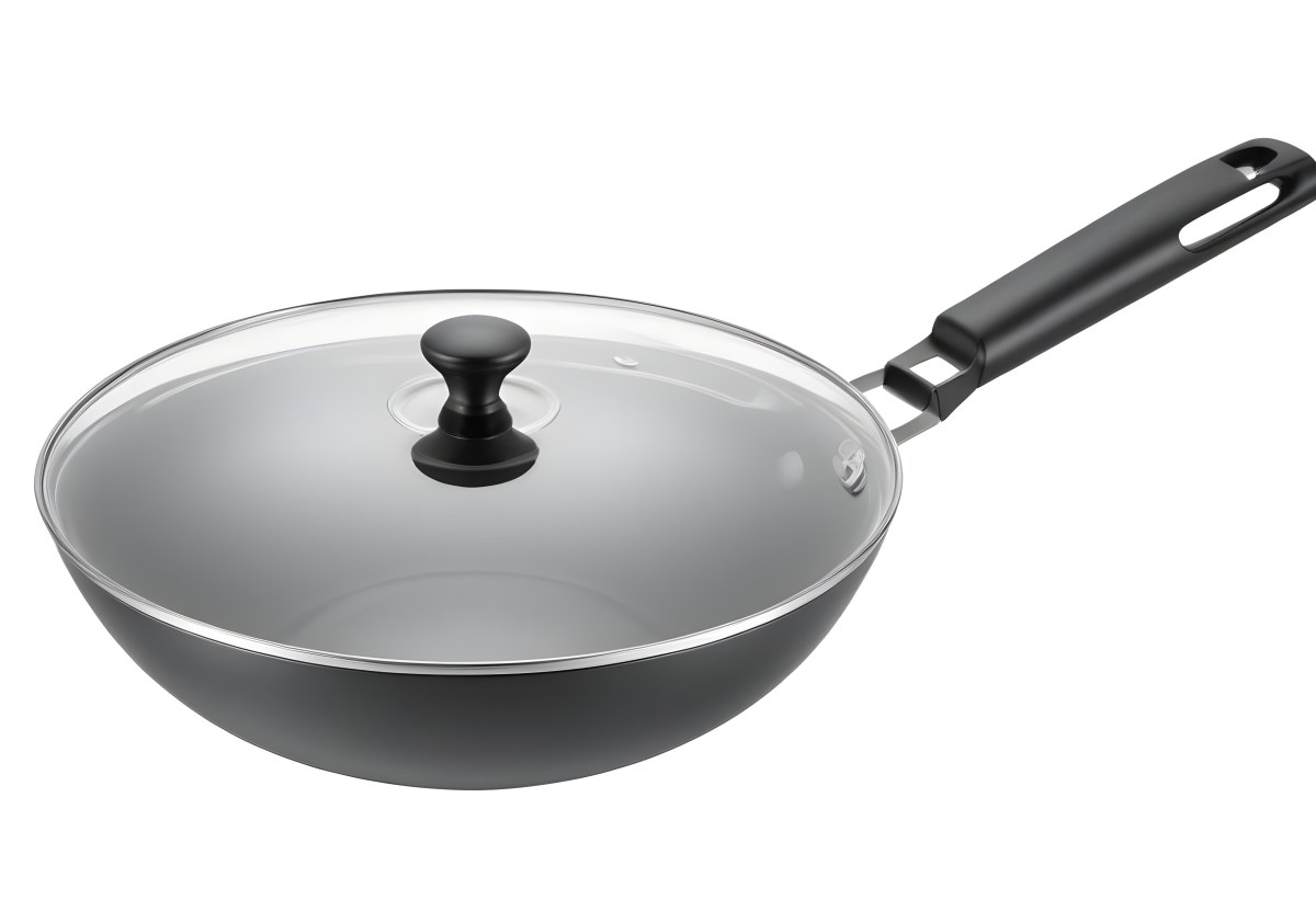 Black Wok With A Glass Lid And A Black Handle Isolated On A Gray Background 6 A56f