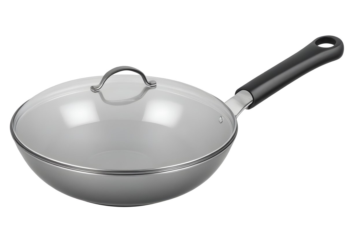 Black Wok With A Glass Lid And A Black Handle Isolated On A Gray Background 7 F53b