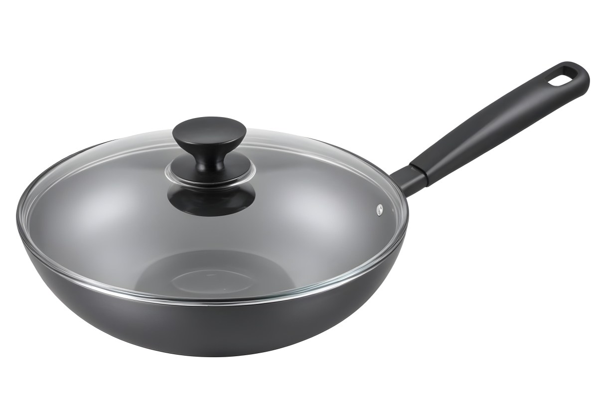 Black Wok With A Glass Lid And A Black Handle Isolated On A Gray Background 8 8abb