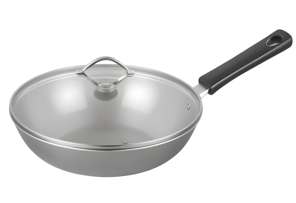 Black Wok With A Glass Lid And A Black Handle Isolated On A Gray Background 9 D3db