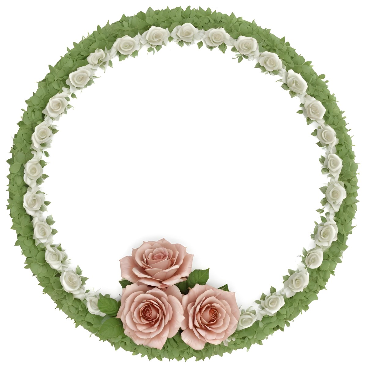 Circular Frame With Green Floral Pattern And Floral Border Three White Roses With Green Leaves At The Bottom White Background 43 E215 F071