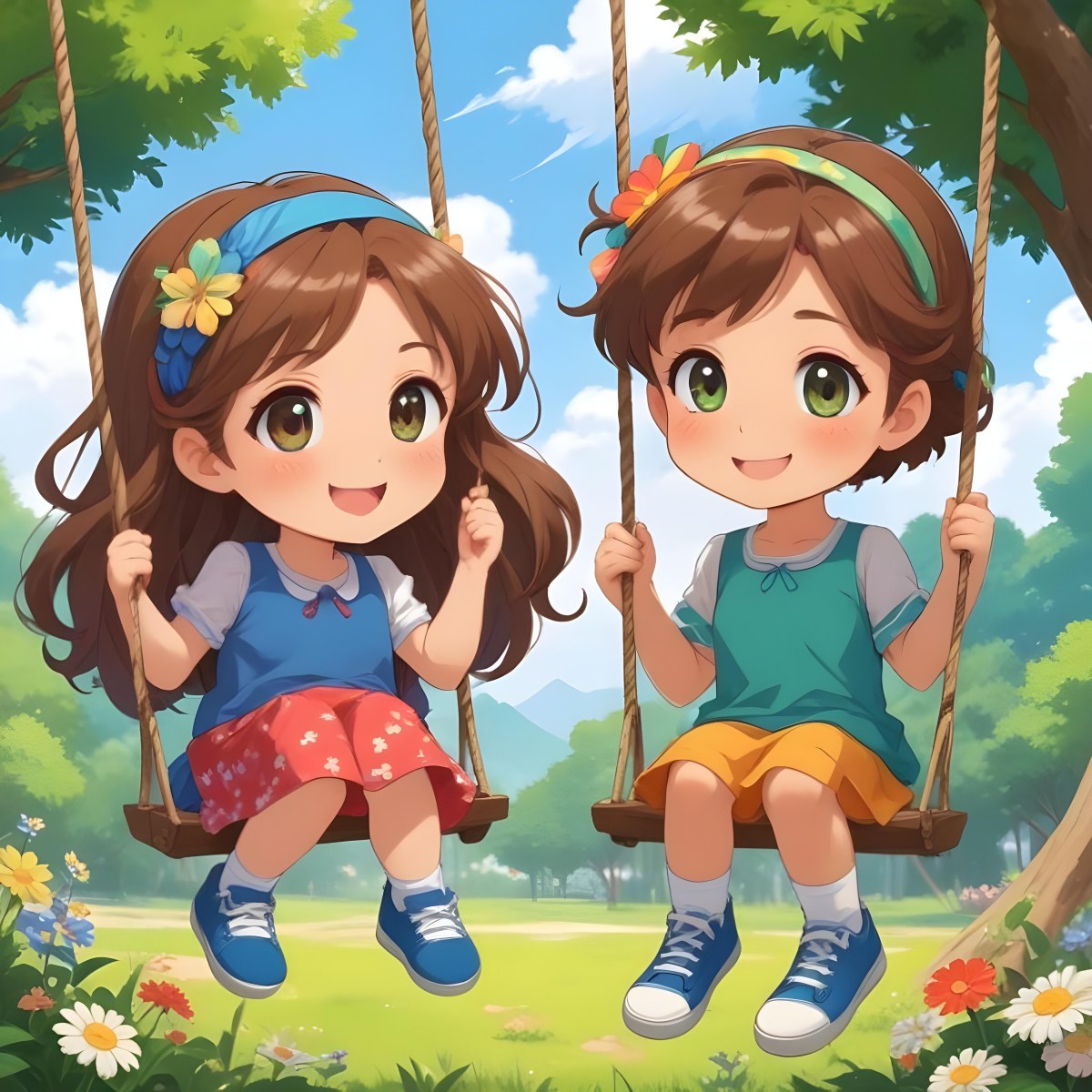 Colorful Flat Illustration Classical Animes A Girl With Long Brown Hair Wearing A Blue Top With A Colorful Skirt And Green Shoes Is Sitting On A Swing She Has Brown Eyes And A Flower Headband Next To Her Is A Girl Wi 13 4eff