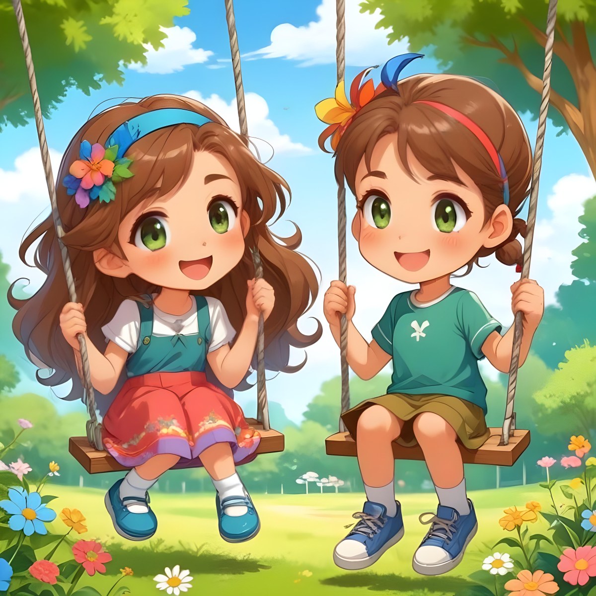Colorful Flat Illustration Classical Animes A Girl With Long Brown Hair Wearing A Blue Top With A Colorful Skirt And Green Shoes Is Sitting On A Swing She Has Brown Eyes And A Flower Headband Next To Her Is A Girl Wi 14 1d1e