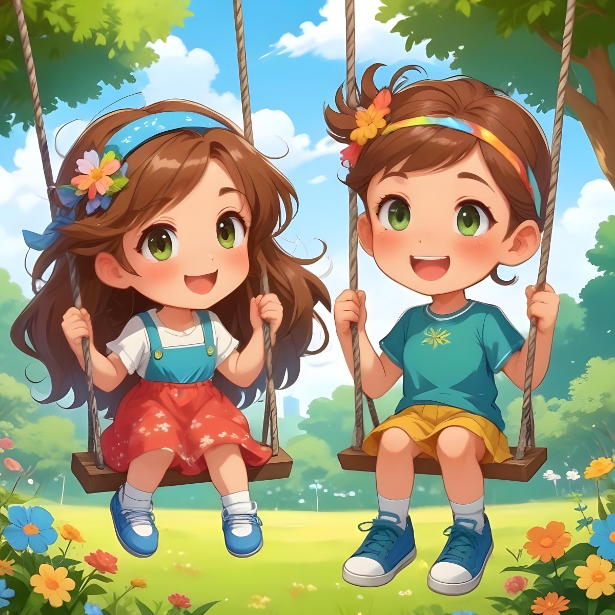 Colorful Flat Illustration Classical Animes A Girl With Long Brown Hair Wearing A Blue Top With A Colorful Skirt And Green Shoes Is Sitting On A Swing She Has Brown Eyes And A Flower Headband Next To Her Is A Girl Wi 15 2c33