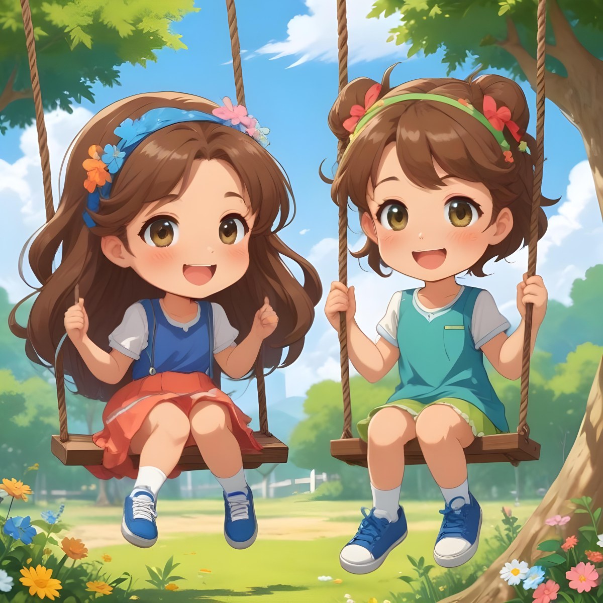 Colorful Flat Illustration Classical Animes A Girl With Long Brown Hair Wearing A Blue Top With A Colorful Skirt And Green Shoes Is Sitting On A Swing She Has Brown Eyes And A Flower Headband Next To Her Is A Girl Wi 16 6ee1