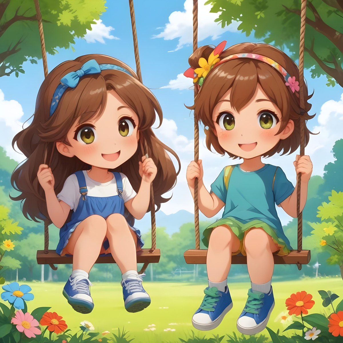 Colorful Flat Illustration Classical Animes A Girl With Long Brown Hair Wearing A Blue Top With A Colorful Skirt And Green Shoes Is Sitting On A Swing She Has Brown Eyes And A Flower Headband Next To Her Is A Girl Wi 17 4e8f
