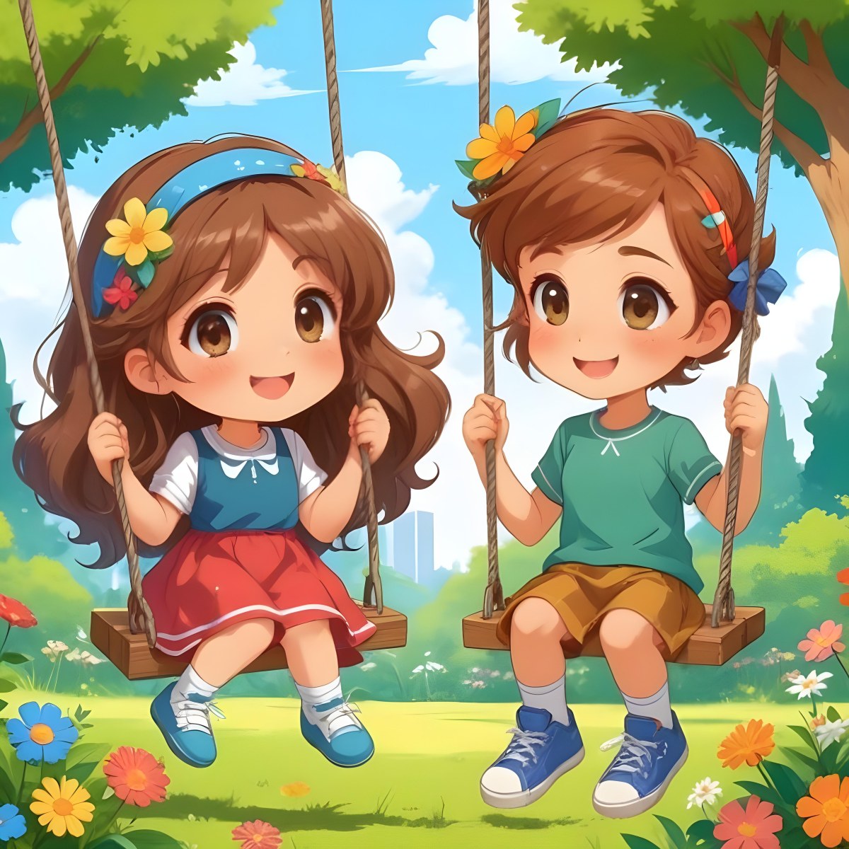 Colorful Flat Illustration Classical Animes A Girl With Long Brown Hair Wearing A Blue Top With A Colorful Skirt And Green Shoes Is Sitting On A Swing She Has Brown Eyes And A Flower Headband Next To Her Is A Girl Wi 18 89ca