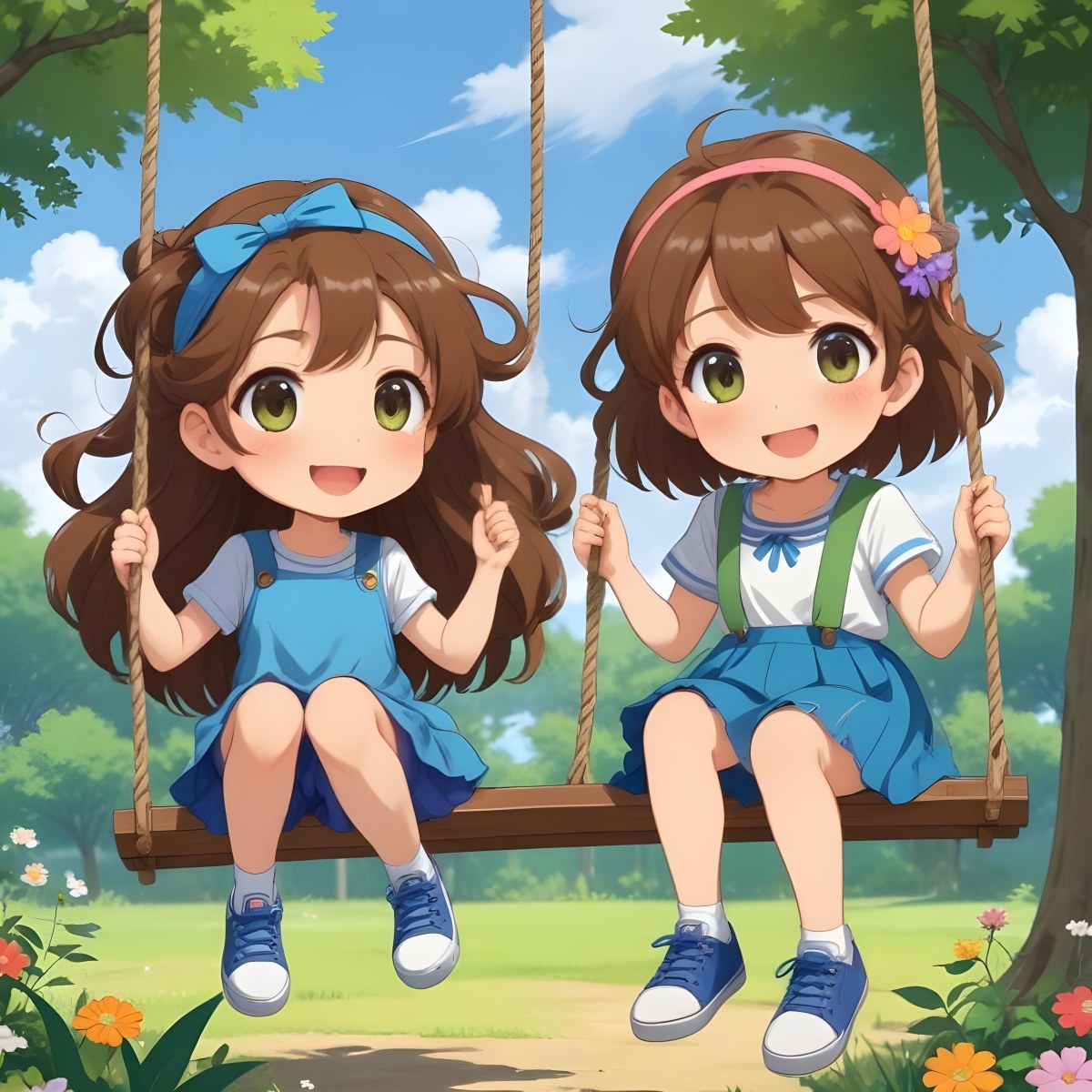 Colorful Flat Illustration Classical Animes A Girl With Long Brown Hair Wearing A Blue Top With A Colorful Skirt And Green Shoes Is Sitting On A Swing She Has Brown Eyes And A Flower Headband Next To Her Is A Girl Wi 3 De4f