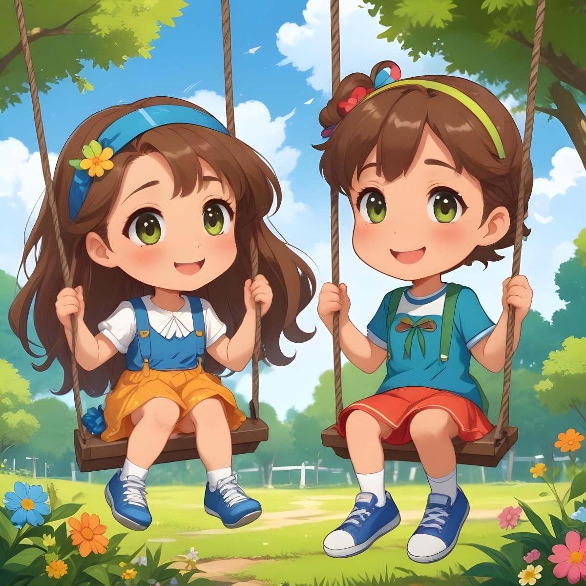Colorful Flat Illustration Classical Animes A Girl With Long Brown Hair Wearing A Blue Top With A Colorful Skirt And Green Shoes Is Sitting On A Swing She Has Brown Eyes And A Flower Headband Next To Her Is A Girl Wi 4 6ec8