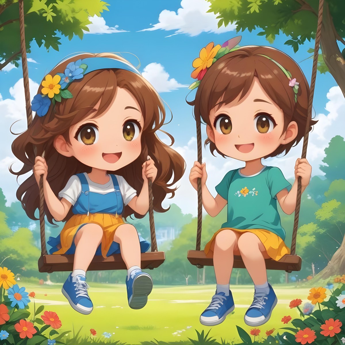 Colorful Flat Illustration Classical Animes A Girl With Long Brown Hair Wearing A Blue Top With A Colorful Skirt And Green Shoes Is Sitting On A Swing She Has Brown Eyes And A Flower Headband Next To Her Is A Girl Wi 5 F7ba