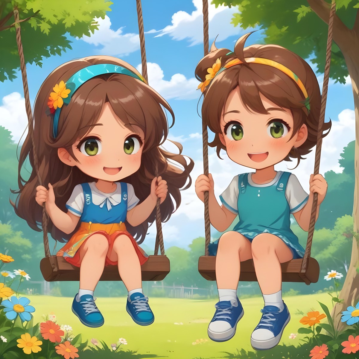 Colorful Flat Illustration Classical Animes A Girl With Long Brown Hair Wearing A Blue Top With A Colorful Skirt And Green Shoes Is Sitting On A Swing She Has Brown Eyes And A Flower Headband Next To Her Is A Girl Wi 6 34a4