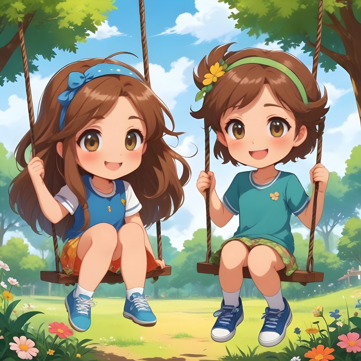 Colorful Flat Illustration Classical Animes A Girl With Long Brown Hair Wearing A Blue Top With A Colorful Skirt And Green Shoes Is Sitting On A Swing She Has Brown Eyes And A Flower Headband Next To Her Is A Girl Wi 8 0d32