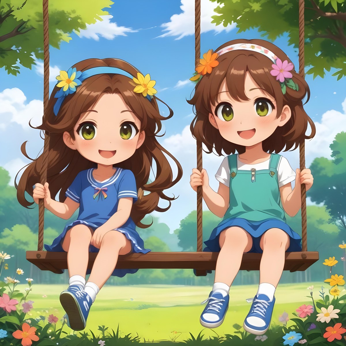 Colorful Flat Illustration Classical Animes A Girl With Long Brown Hair Wearing A Blue Top With A Colorful Skirt And Green Shoes Is Sitting On A Swing She Has Brown Eyes And A Flower Headband Next To Her Is A Girl Wi 9 71fe