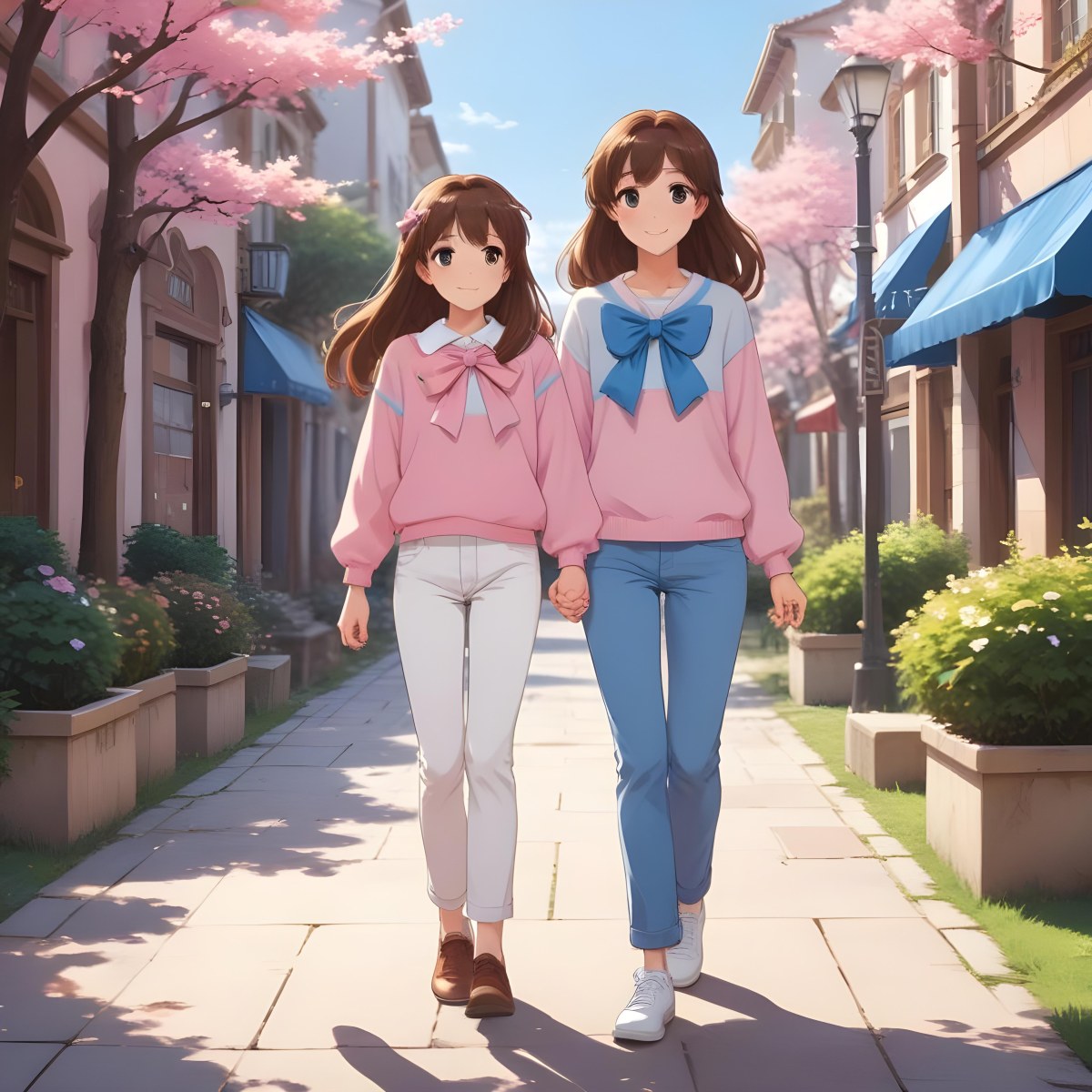 Colorful Flat Illustration Classical Animes A Woman With Long Brown Hair Wearing A Pink Sweater And White Jeans Is Holding Hands With A Young Girl Who Has Brown Hair And A Blue Bow Wearing A Pink And Blue Outfit A Wo 11 Db1a