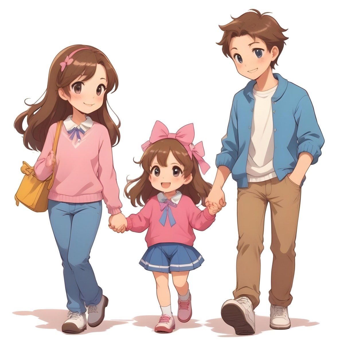Colorful Flat Illustration Classical Animes A Woman With Long Brown Hair Wearing A Pink Sweater And White Jeans Is Holding Hands With A Young Girl Who Has Brown Hair And A Blue Bow Wearing A Pink And Blue Outfit A Wo 15 D44b