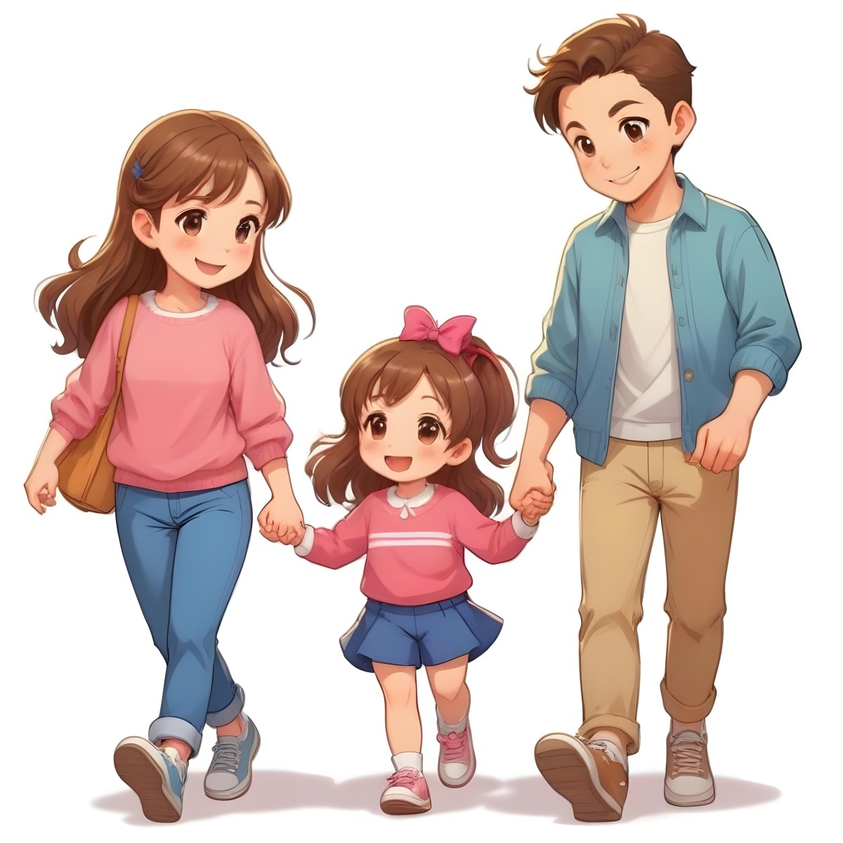 Colorful Flat Illustration Classical Animes A Woman With Long Brown Hair Wearing A Pink Sweater And White Jeans Is Holding Hands With A Young Girl Who Has Brown Hair And A Blue Bow Wearing A Pink And Blue Outfit A Wo 16 D327
