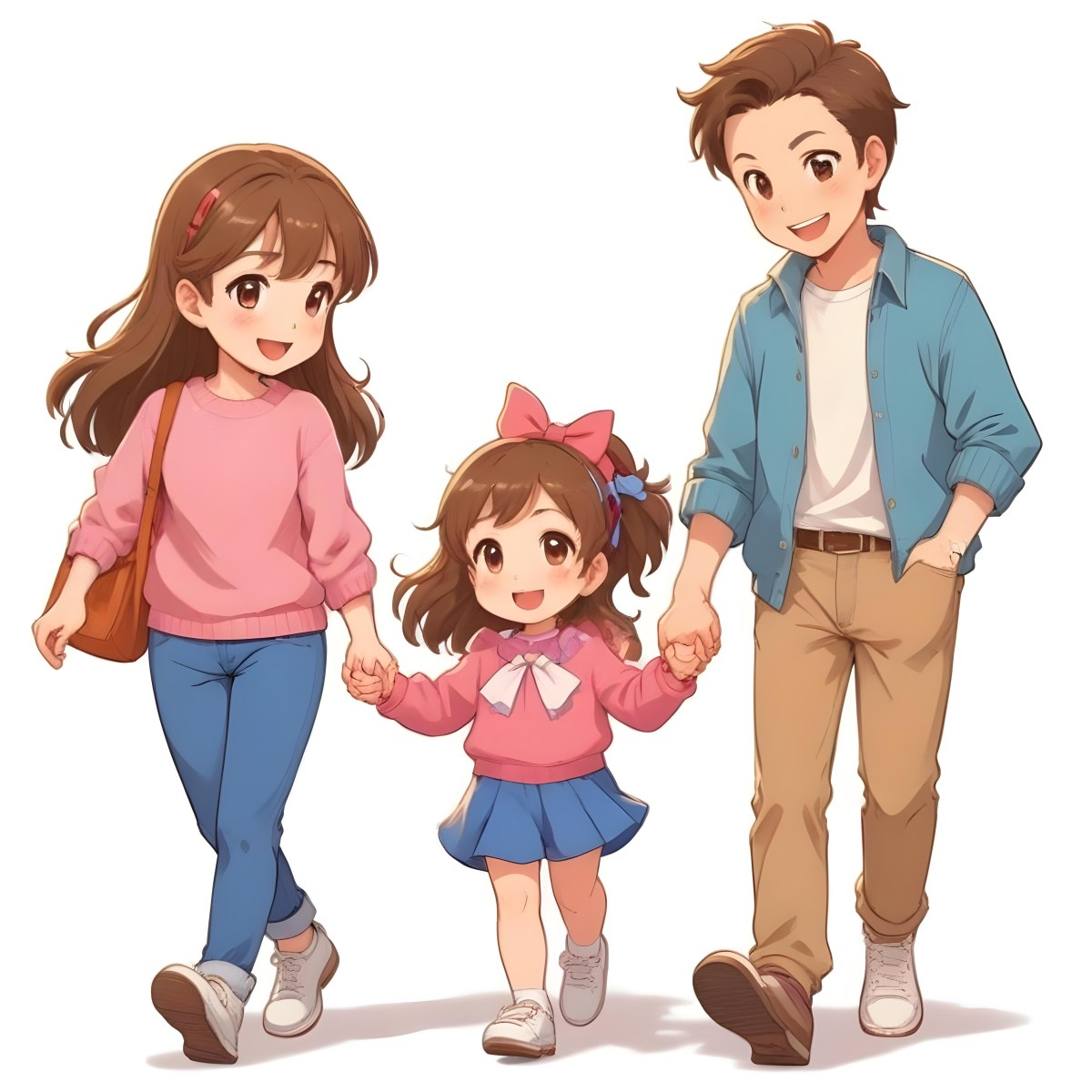 Colorful Flat Illustration Classical Animes A Woman With Long Brown Hair Wearing A Pink Sweater And White Jeans Is Holding Hands With A Young Girl Who Has Brown Hair And A Blue Bow Wearing A Pink And Blue Outfit A Wo 17 Aa6d