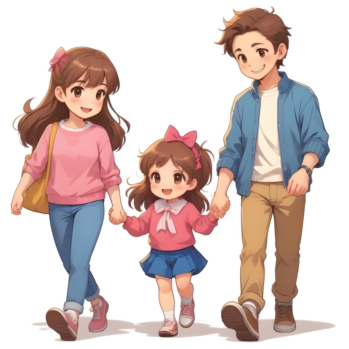 Colorful Flat Illustration Classical Animes A Woman With Long Brown Hair Wearing A Pink Sweater And White Jeans Is Holding Hands With A Young Girl Who Has Brown Hair And A Blue Bow Wearing A Pink And Blue Outfit A Wo 19 Bc0e