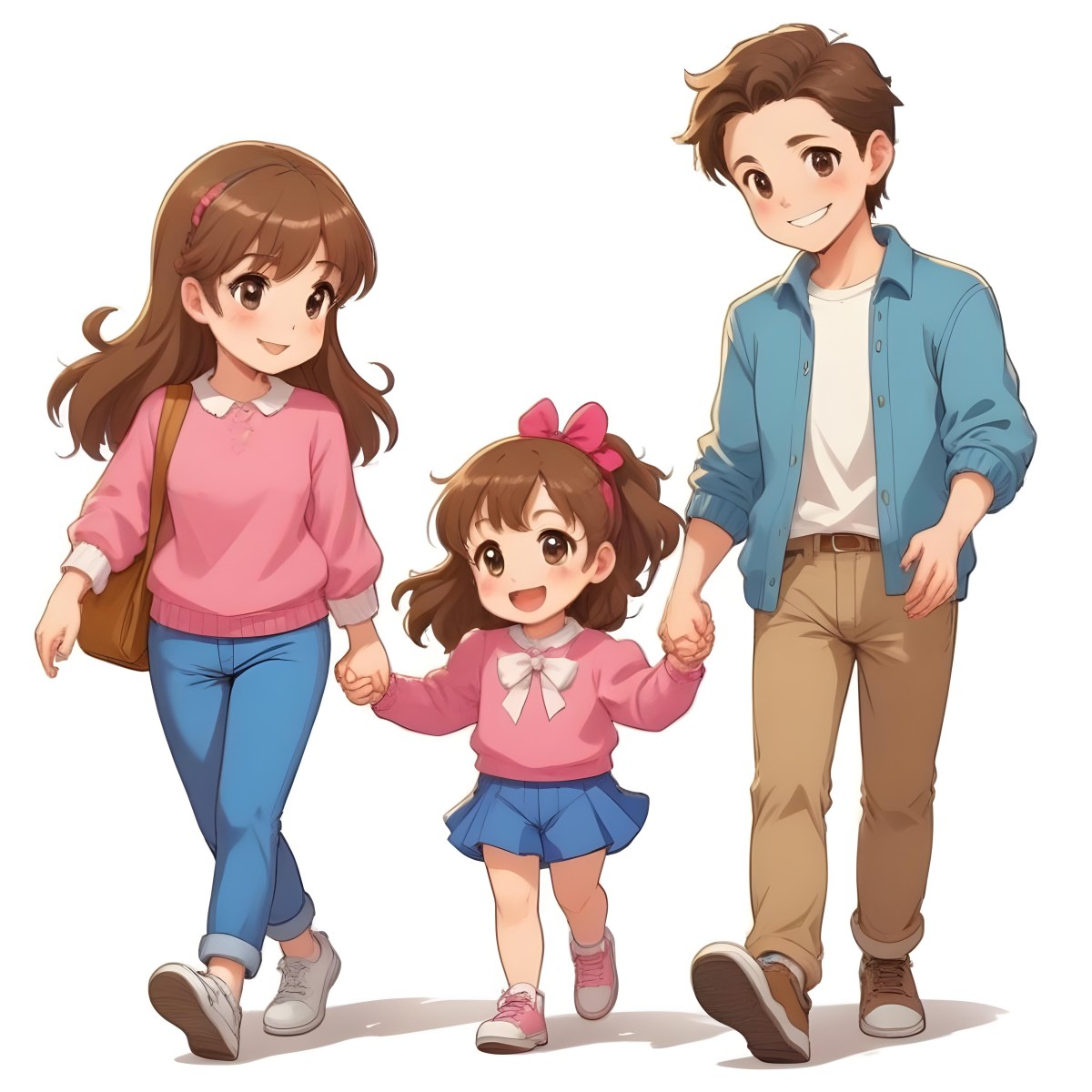 Colorful Flat Illustration Classical Animes A Woman With Long Brown Hair Wearing A Pink Sweater And White Jeans Is Holding Hands With A Young Girl Who Has Brown Hair And A Blue Bow Wearing A Pink And Blue Outfit A Wo 20 C0c2