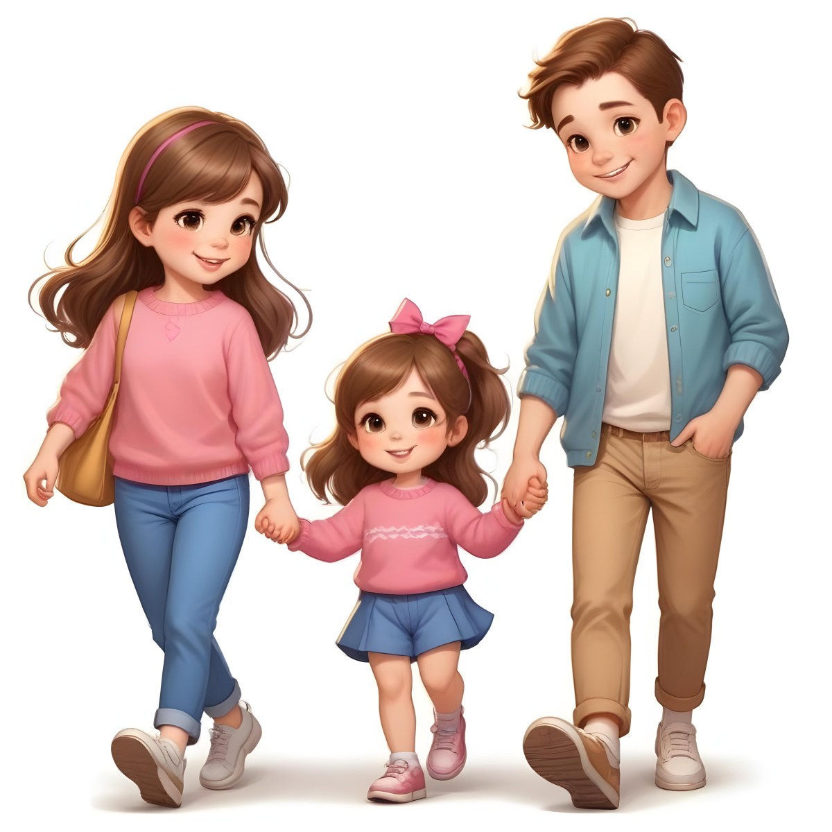Colorful Flat Illustration Classical Animes A Woman With Long Brown Hair Wearing A Pink Sweater And White Jeans Is Holding Hands With A Young Girl Who Has Brown Hair And A Blue Bow Wearing A Pink And Blue Outfit A Wo 3 Bf49