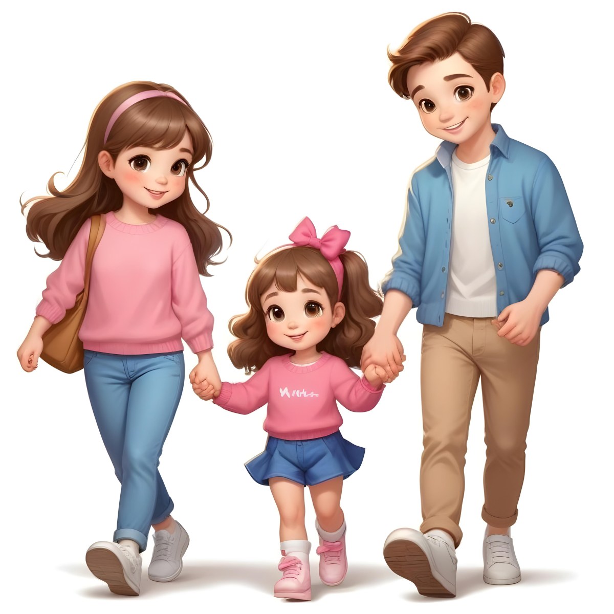 Colorful Flat Illustration Classical Animes A Woman With Long Brown Hair Wearing A Pink Sweater And White Jeans Is Holding Hands With A Young Girl Who Has Brown Hair And A Blue Bow Wearing A Pink And Blue Outfit A Wo 5 F1f3