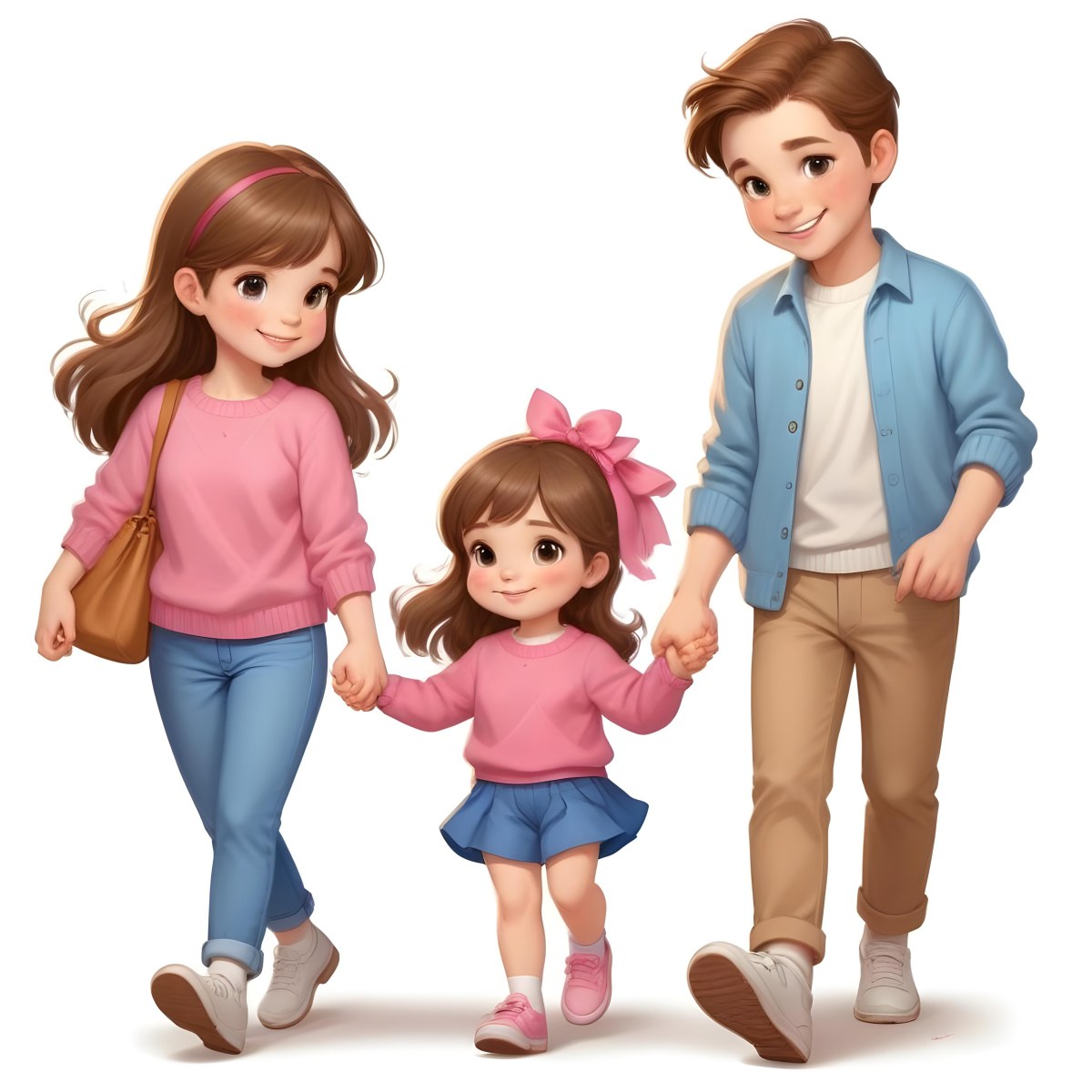 Colorful Flat Illustration Classical Animes A Woman With Long Brown Hair Wearing A Pink Sweater And White Jeans Is Holding Hands With A Young Girl Who Has Brown Hair And A Blue Bow Wearing A Pink And Blue Outfit A Wo 6 0948