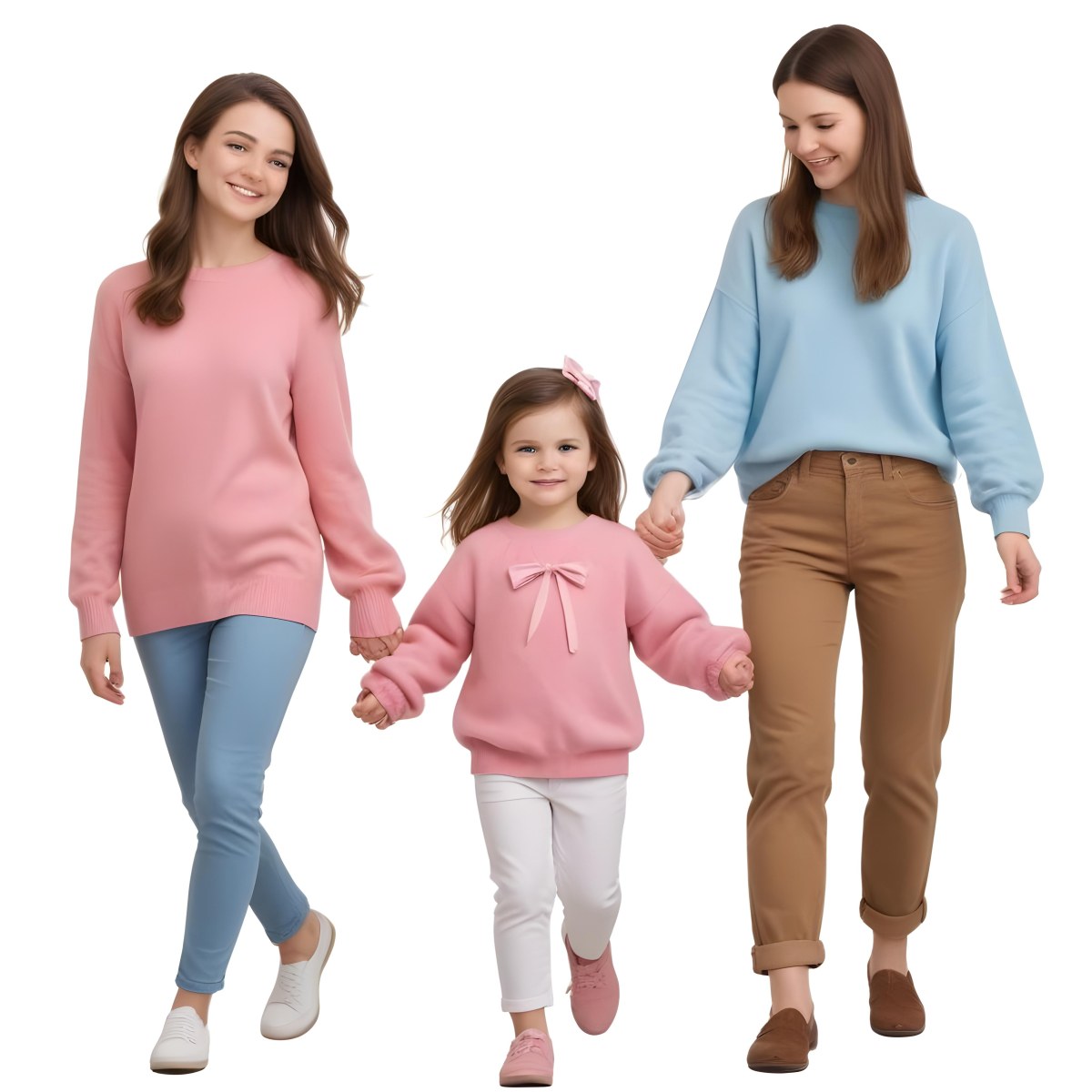 Colorful Flat Illustration Classical Animes A Woman With Long Brown Hair Wearing A Pink Sweater And White Jeans Is Holding Hands With A Young Girl Who Has Brown Hair And A Blue Bow Wearing A Pink And Blue Outfit A Wo 7 032d