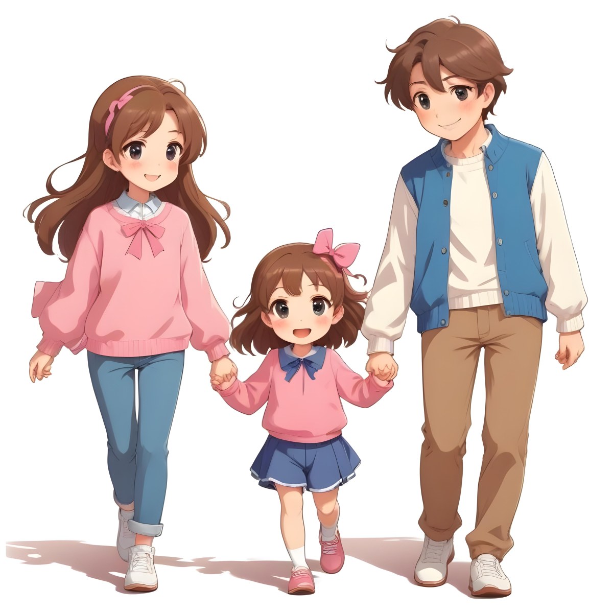 Colorful Flat Illustration Classical Animes A Woman With Long Brown Hair Wearing A Pink Sweater And White Jeans Is Holding Hands With A Young Girl Who Has Brown Hair And A Blue Bow Wearing A Pink And Blue Outfit A Wo 8 Be24