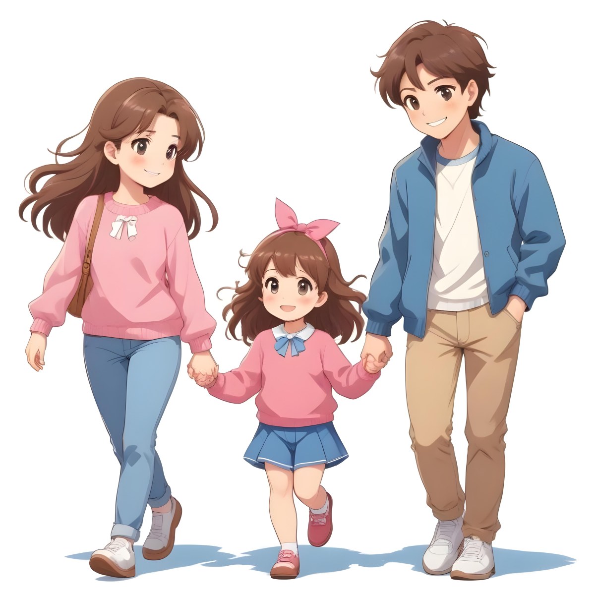 Colorful Flat Illustration Classical Animes A Woman With Long Brown Hair Wearing A Pink Sweater And White Jeans Is Holding Hands With A Young Girl Who Has Brown Hair And A Blue Bow Wearing A Pink And Blue Outfit A Wo 9 Fc97