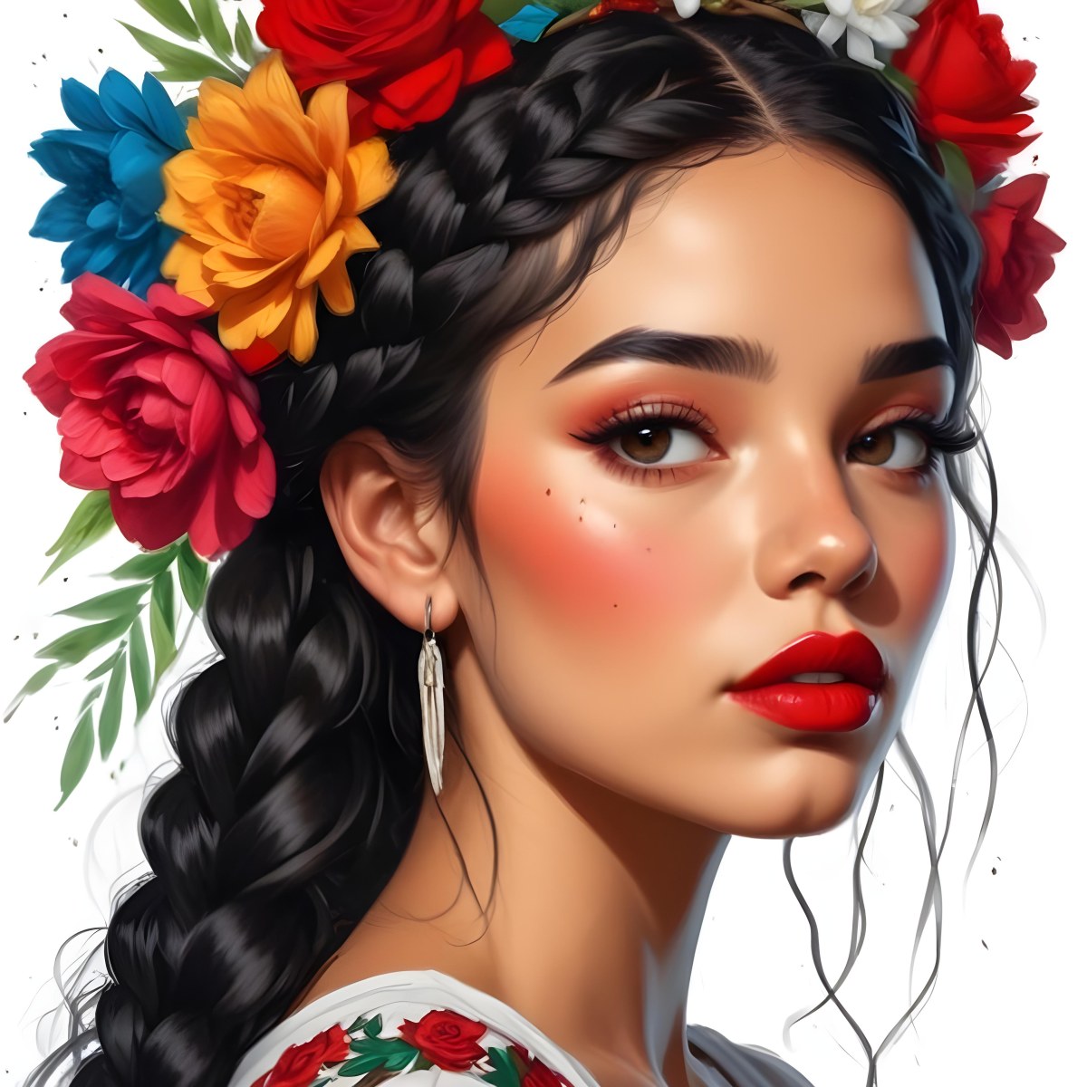Digital Painting A 23 Year Old Hispanic Woman With Black Braided Hair And Red Lips Flower Crown White Background Bold And Slim Lines Brush Strokes 10 8cad
