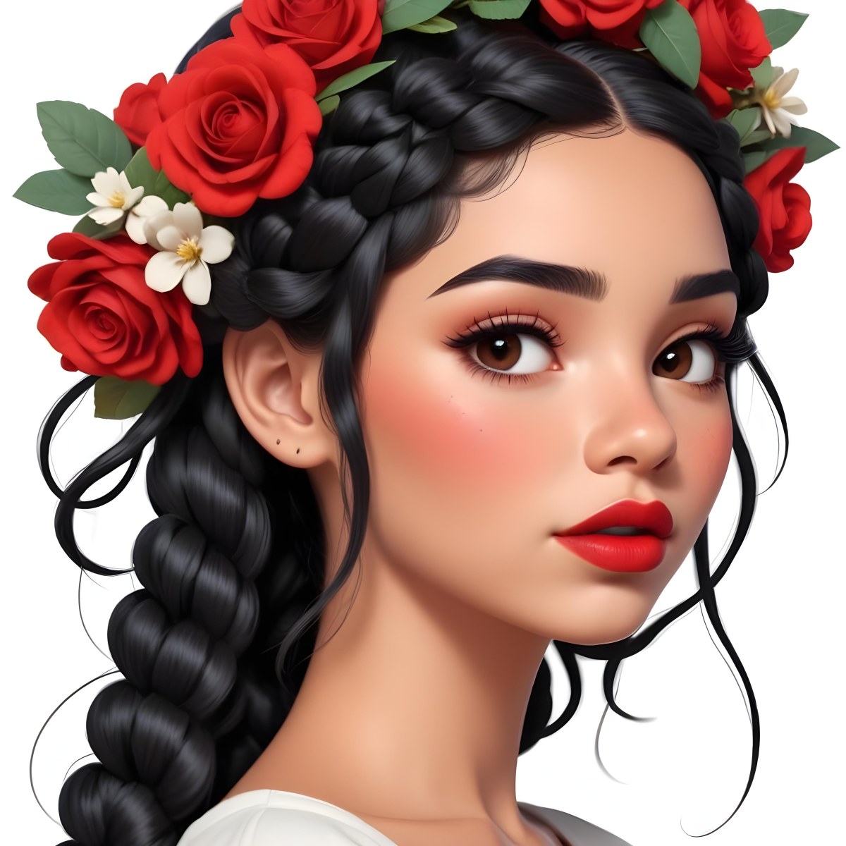 Digital Painting A 23 Year Old Hispanic Woman With Black Braided Hair And Red Lips Flower Crown White Background Bold And Slim Lines Brush Strokes 21 8eae
