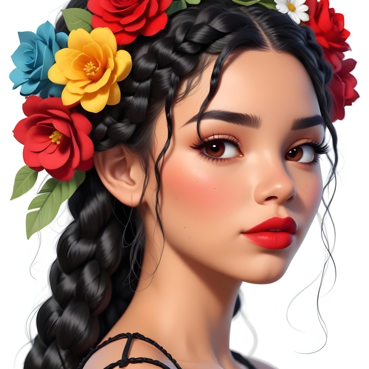 Digital Painting A 23 Year Old Hispanic Woman With Black Braided Hair And Red Lips Flower Crown White Background Bold And Slim Lines Brush Strokes 25 D9f9