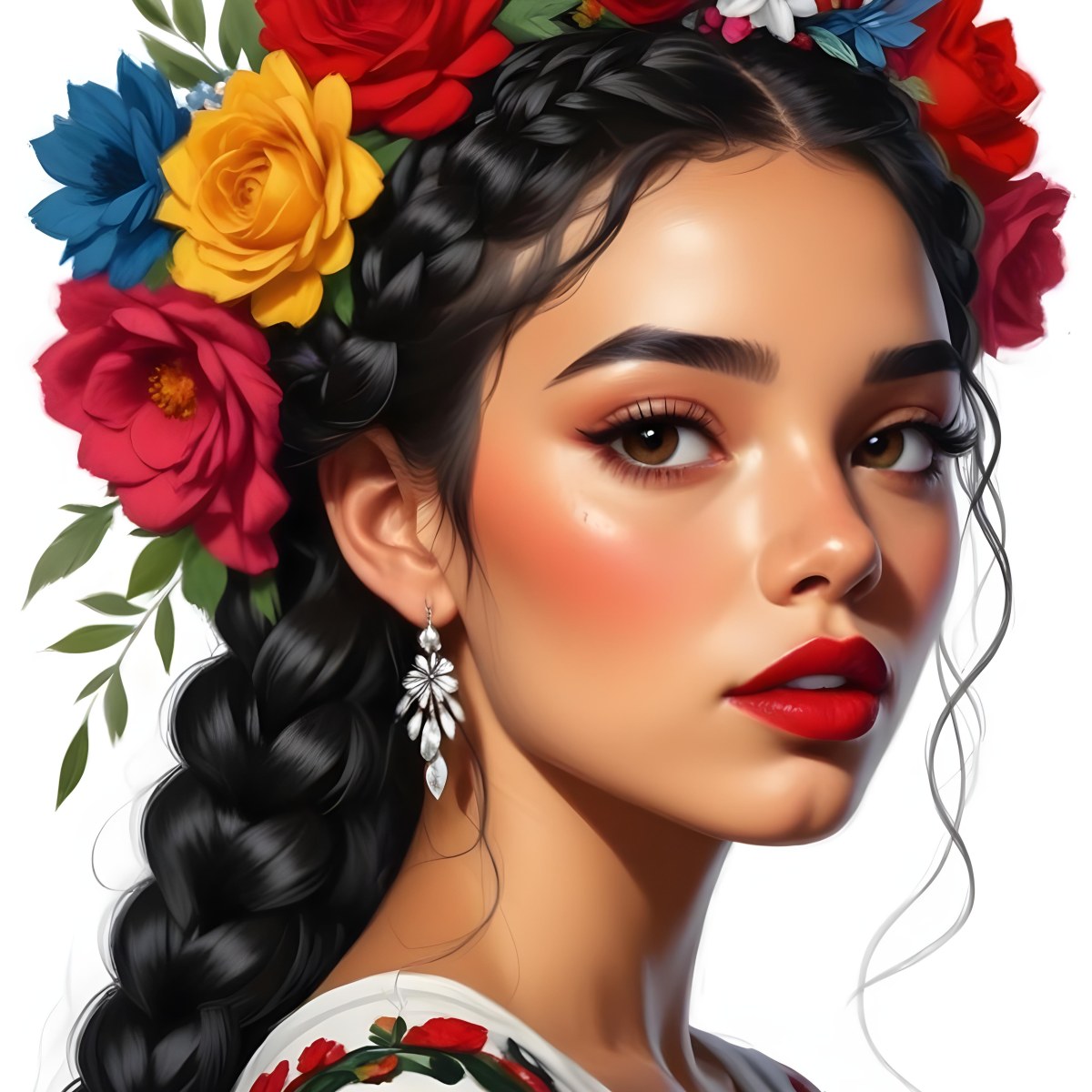 Digital Painting A 23 Year Old Hispanic Woman With Black Braided Hair And Red Lips Flower Crown White Background Bold And Slim Lines Brush Strokes 26 3a58