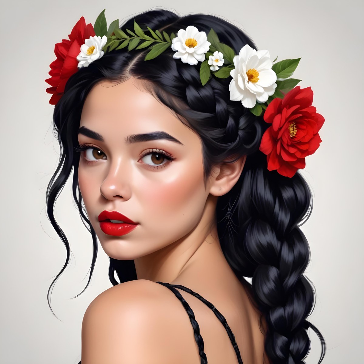 Digital Painting A 23 Year Old Hispanic Woman With Black Braided Hair And Red Lips Flower Crown White Background Bold And Slim Lines Brush Strokes 36 98a3