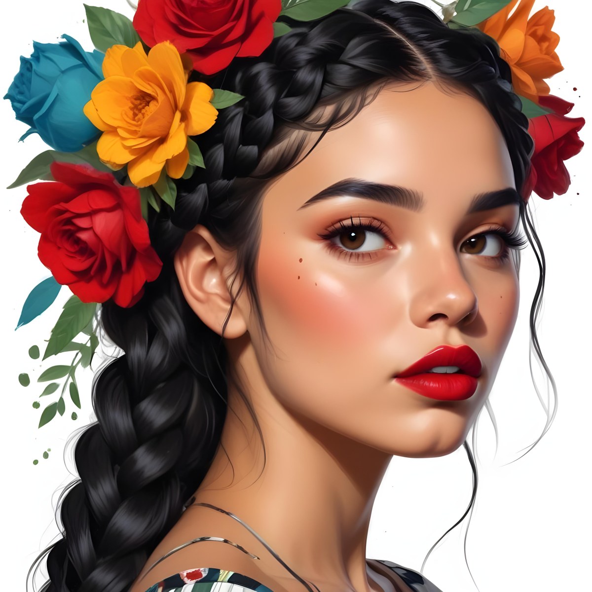 Digital Painting A 23 Year Old Hispanic Woman With Black Braided Hair And Red Lips Flower Crown White Background Bold And Slim Lines Brush Strokes 40 F718