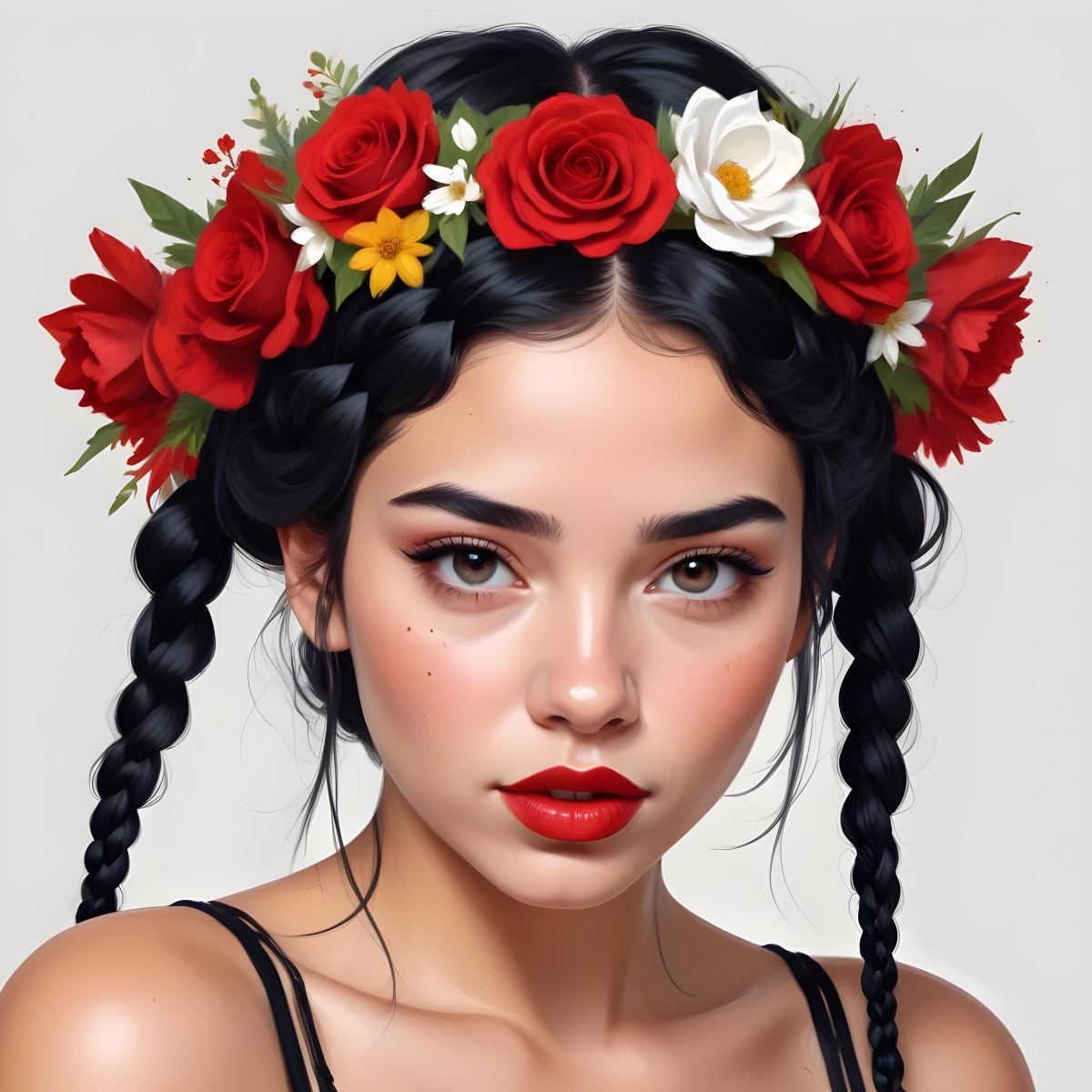Digital Painting A 23 Year Old Hispanic Woman With Black Braided Hair And Red Lips Flower Crown White Background Bold And Slim Lines Brush Strokes 49 Cfbb