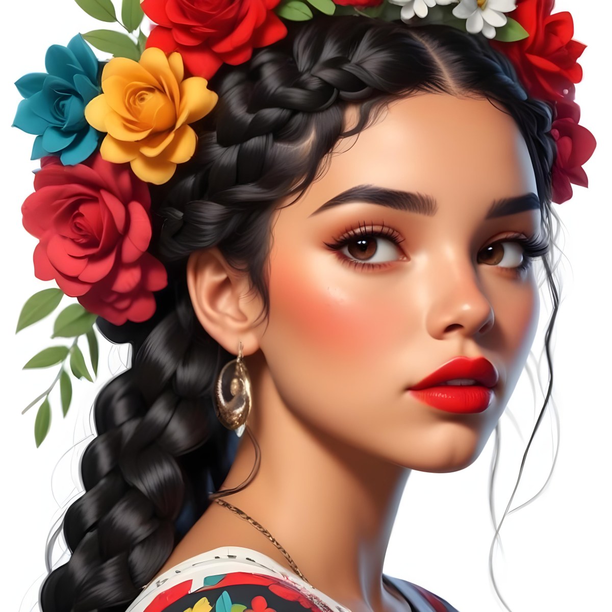 Digital Painting A 23 Year Old Hispanic Woman With Black Braided Hair And Red Lips Flower Crown White Background Bold And Slim Lines Brush Strokes 5 946d
