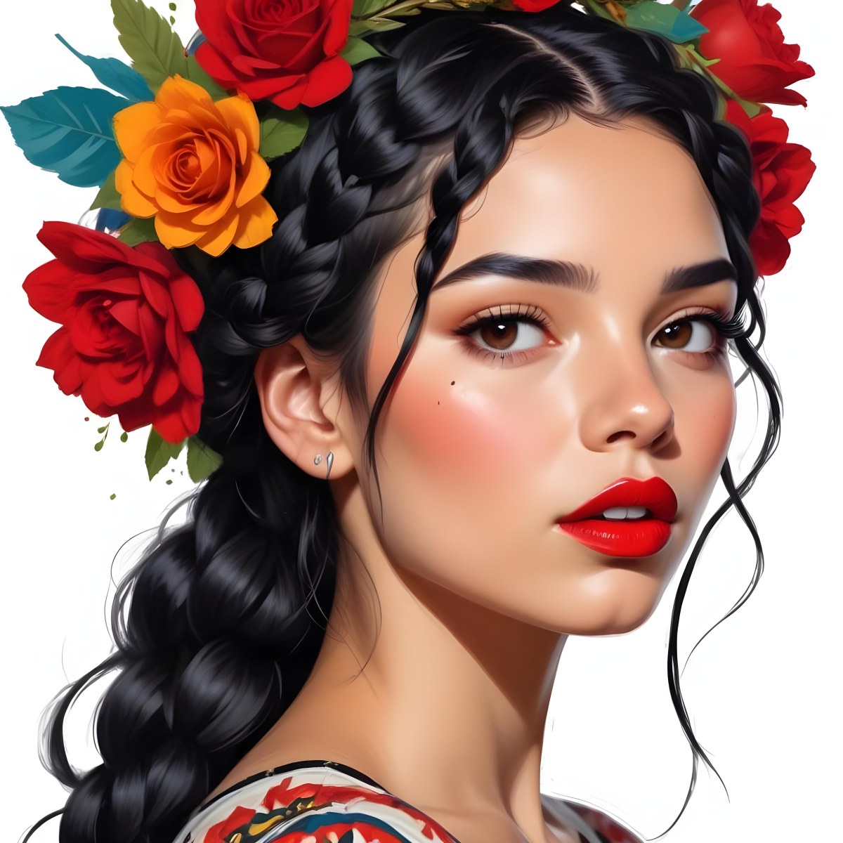 Digital Painting A 23 Year Old Hispanic Woman With Black Braided Hair And Red Lips Flower Crown White Background Bold And Slim Lines Brush Strokes 50 D760