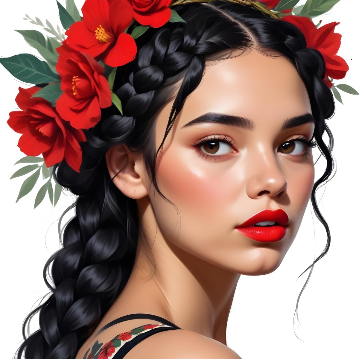 Digital Painting A 23 Year Old Hispanic Woman With Black Braided Hair And Red Lips Flower Crown White Background Bold And Slim Lines Brush Strokes 51 A1f5