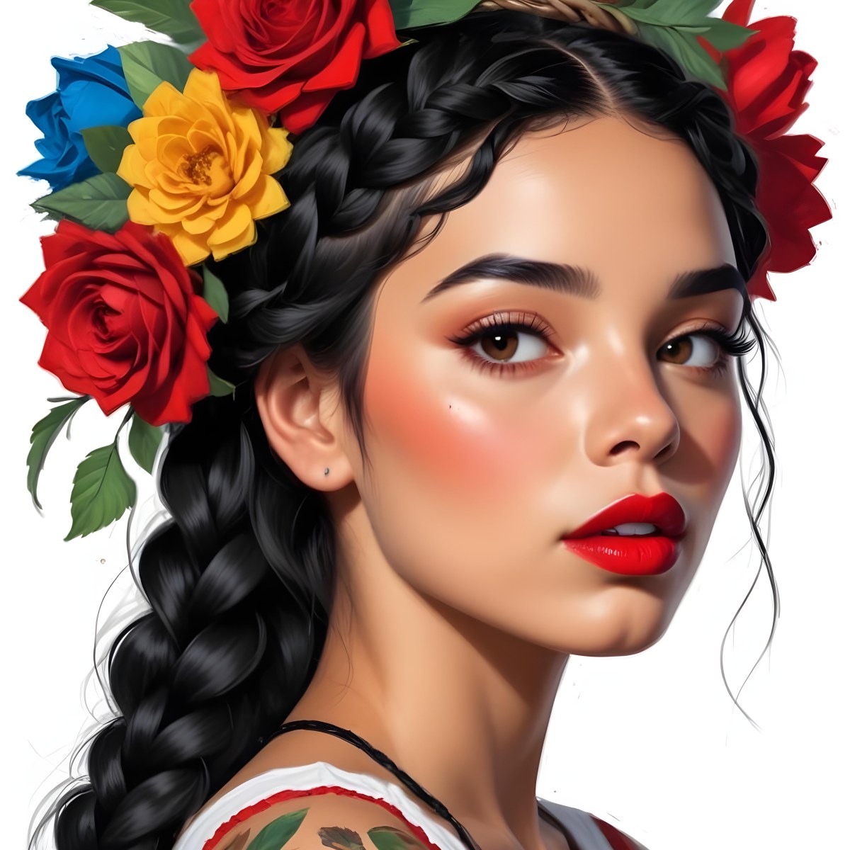 Digital Painting A 23 Year Old Hispanic Woman With Black Braided Hair And Red Lips Flower Crown White Background Bold And Slim Lines Brush Strokes 54 9b6c
