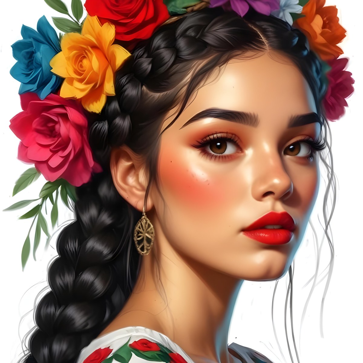 Digital Painting A 23 Year Old Hispanic Woman With Black Braided Hair And Red Lips Flower Crown White Background Bold And Slim Lines Brush Strokes 6 F3f5